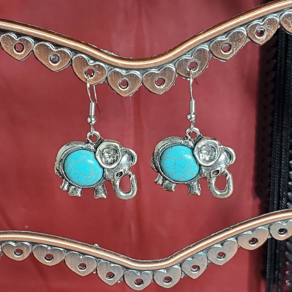 Genuine Turquoise & Silver Elephant Earrings